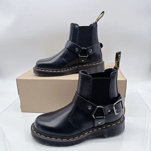 Martens Wincox Chelsea Ankle Buckle Boots Shiny Black Moto